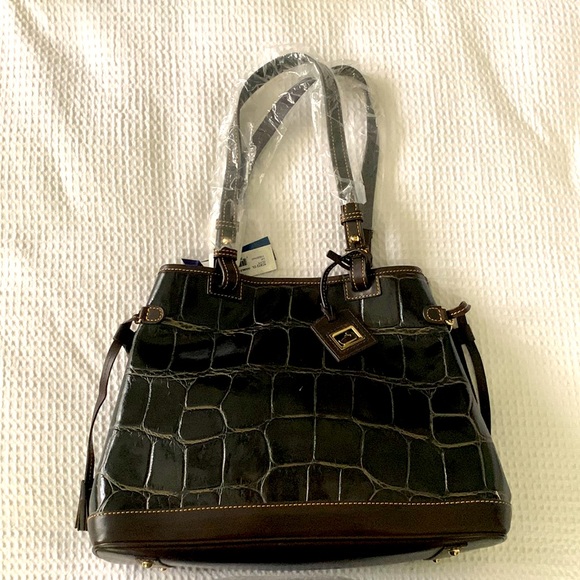 Dooney & Bourke Croco-Embossed Leather Double Strap Tassle Bag - Picture 1 of 14